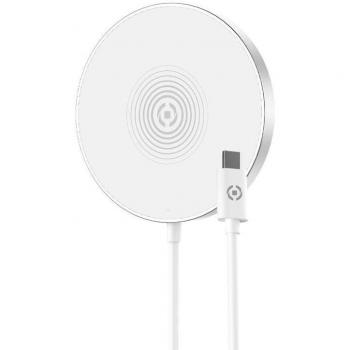 Celly MAGCHARGE Cargador Inalámbrico para Smartphone, Color Plata y Blanco, con Conexión USB Tipo-C, 15W, Uso en Interiores