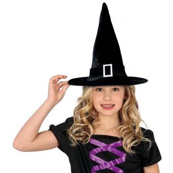 Sombrero de Bruja Negro con Evilla Infantil - Guirca, sombrero negro para niños, diseño clásico de bruja, incluye evilla para ajuste, ideal para disfraces de Halloween y fiestas temáticas