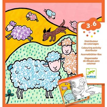 Dispensador de dibujos para colorear DJECO multicolor, incluye una variedad de dibujos en blanco y negro listos para ser coloreados, diseño atractivo con temática de ovejas, fácil de usar para niños, fomenta la creatividad y la