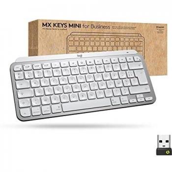 Teclado Logitech MX Keys Mini para Empresas - Inalámbrico Bluetooth AZERTY Francés, Aluminio Blanco, Retroiluminado, Compacto