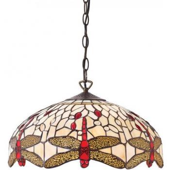 Lámpara colgante Dragonfly Beige de 41 cm, vidrio y metal, tipo Tiffany con diseño de libélula, acabado en bronce, mediana con 3 luces E27