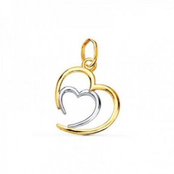 Colgante de oro bicolor 18k para mujer con doble corazón calado abierto de 14 mm.