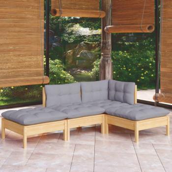 Juego de muebles de jardín 4 piezas con cojines de madera maciza de pino gris sólido