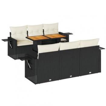 7-Piece Black Poly Rattan Garden Sofa Set with Cushions