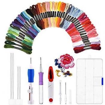 Kit de bordado, BASEIN combinación de juego de herramientas artesanales de aguja de punzonado de bordado que incluye 50 hilos de colores para costura de punto de cruz costura DIY.