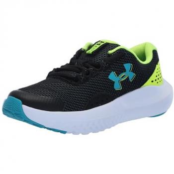 Zapatillas de Running Under Armour Bgs Surge 4 para Niños, Color Negro, Talla 37.5, Diseño Unisex, con detalles en Amarillo y Verde Azulado, Longitud de la Suela 23.2