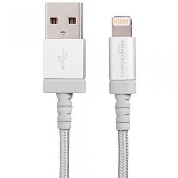 AmazonBasics Nylon Braided USB A to Lightning Compatible Cable - Apple MFi Certified - Silver (6 Feet/1.8 Meter)