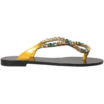 Dolce & Gabbana Mustard Crystal Calf Leather Beachwear Shoes - EU35/US4.5, Flip Flops, female, Yellow, Size: 5 US Leopard Print Flat Sandals