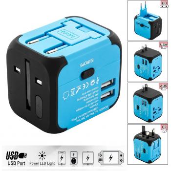 Adaptador Viaje - Todo en Uno Cargador Integral Universal para Viaje Internacionales, Adaptador de Viaje Todo el Mundo, Con 2 Puertos de Carga USB, Adaptador de Enchufes Universal de EU, US, UK, AU - de Duomishu