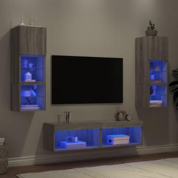 Muebles de TV de pared con LED 6 piezas madera ingeniería gris Sonoma