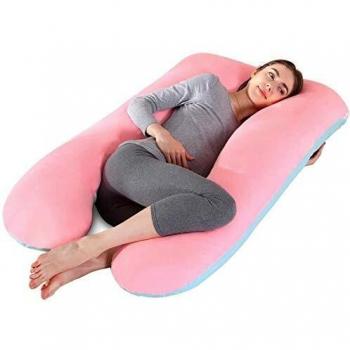 Almohada de Embarazo, Almohada de Cuerpo Completo con Forma de U Grande, 100% algodón con Funda de Terciopelo reemplazable y Lavable para Dormir y Alimentar, 70 x 145 cm Rosa+Rzul