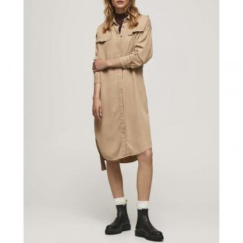 Vestido Camisero Midi Beige con Fajín y Mangas Largas