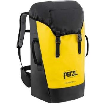 Mochila Petzl Transport 60L Amarillo/Negro con cinturón acolchado, dimensiones 20 x 35 x 66 cm, peso 1.8 kg