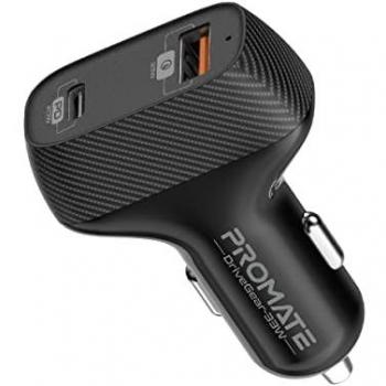 Cargador de Coche Promate DriveGear-33W USB-C y USB-A 2 en 1 Carga Rápida 20W/33W Qualcomm QC 3.0 Negro