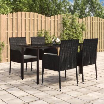 5-Piece Black Poly Rattan Garden Dining Set with Cushions