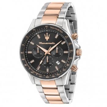 Reloj Hombre Maserati R8873640021, Diámetro de 44 mm, diseño elegante y deportivo, movimiento de cuarzo, resistente al agua hasta 50 metros, correa de acero inoxidable, esfera negra con detalles plateados