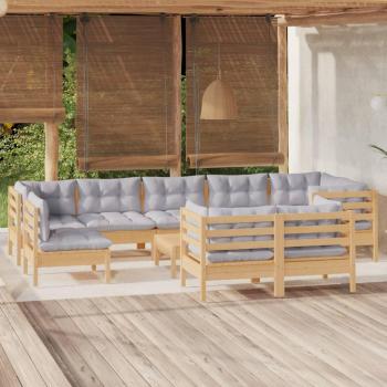 10-Piece Solid Pinewood Garden Lounge Set with Gray Cushions