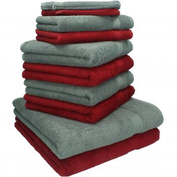 Betz Juego de 10 Toallas Premium 100% algodón 2 Toallas de baño 4 Toallas de Lavabo 4 Toallas de tocador 2 Manoplas de baño Color Gris Antracita y Rojo Oscuro