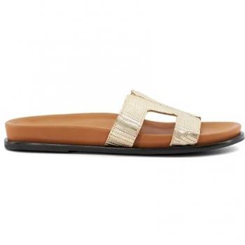 Dune London Women's Loupa Gold Comfort-Footbed Slider Sandals with Topstitch Detail - Size 7