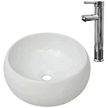 vidaXL Lavabo de Baño Redondo con Grifo Mezclador de Cerámica Blanco Hogar