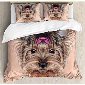 Juego de ropa de cama de 3 piezas Yorkie Juego de funda nórdica, imagen realista dibujada por computadora de Yorkshire Terrier con Cute Ribbon Animal, juego de fundas de edredón / Qulit de 3 piezas co