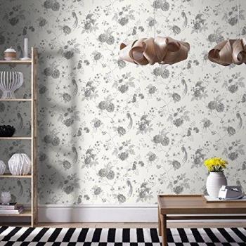 Papel Pintado Brillante Exótico de Flores y Aves, Blanco y Plata - 10m x 52cm