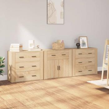 Aparador de 3 piezas de madera contrachapada color roble sonoma marrón, mueble de almacenaje para salón, buffet y armario auxiliar