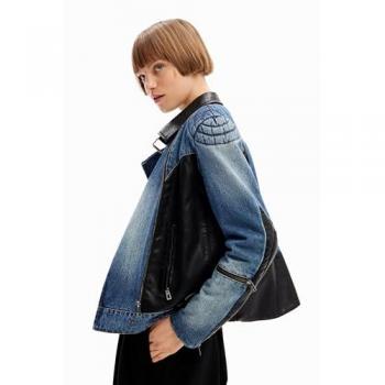 Desigual Robson Women's Hybrid Denim Biker Jacket with Faux Leather Detail Size M