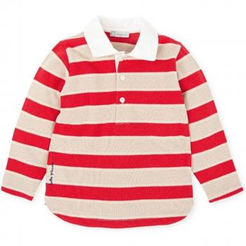 Polo de niño Tutto Piccolo rojo de manga larga con decoración delantera bordada y estampado de rayas, 100% algodón