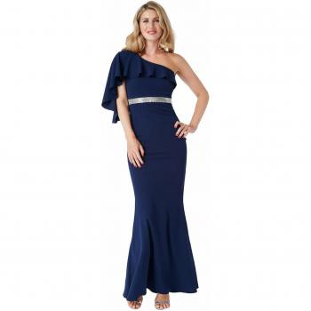 Goddiva Off The Shoulder Flair Maxi Dress - Navy, Size 10 UK