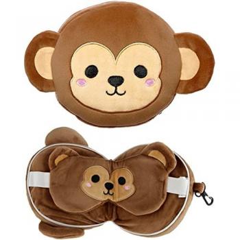 Cojín de viaje 2 en 1 de mono esponjoso con antifaz y peluche Puckator