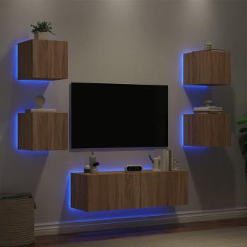 Mueble de TV de pared con luces LED 5 piezas en roble Sonoma marrón
