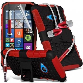 ONX3® ( Red ) Microsoft Lumia 640 caso cubierta trasera funda Carcasa, Case, Cover Custom Made Tough Survivor Hard Rugged Shock Proof Heavy Duty Case W/ Back Stand, LCD Screen Protector Guard, Polishing Cloth & Mini Retractable Stylus Pen