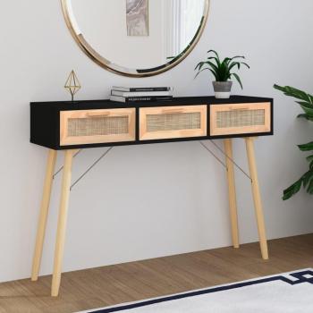 Mesa Consola Negra 105x30x75 cm de Madera Maciza de Pino y Ratán Natural