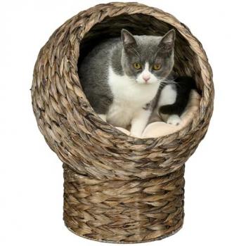 Cama para gatos PawHut de mimbre tipo cueva desmontable con cojín extraíble, medidas 42x33x52 cm, color marrón oscuro y beige