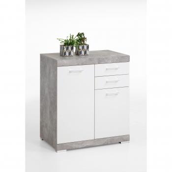 Cómoda Bristol con 2 puertas y 2 cajones, tamaño L80cm, en color blanco brillante y acabado efecto cemento