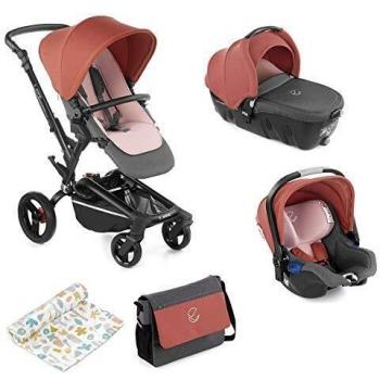 Jané Rider - Cochecito de bebe 3 piezas, capazo y portabebé homologados y silla de paseo, con bolso y plástico de lluvia, plegado compacto, hamaca reversible, unisex, color boho pink