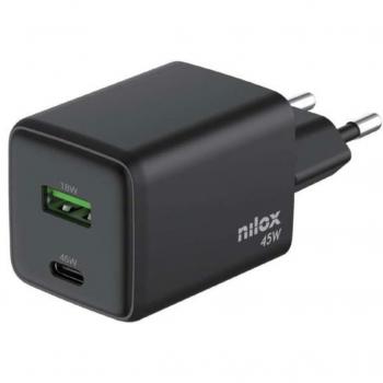 Cargador Universal Nilox 45W con 2 Puertos (1 USB-C y 1 USB-A) y Cable de 2m, Protección Contra Cortocircuitos, Sobretensiones y Sobrecargas - Negro