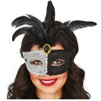 Antifaz de Carnaval para Adultos con Pluma Blanco y Negro