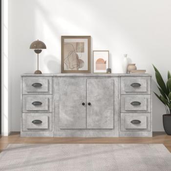 Aparador de 3 piezas de madera contrachapada en color gris hormigón, mueble de almacenaje moderno para salón con armarios con puertas y un cajón de madera, ideal como buffet o armario auxiliar