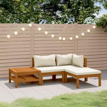 4-Piece Garden Lounge Set with Cream Cushions - Solid Acacia Wood