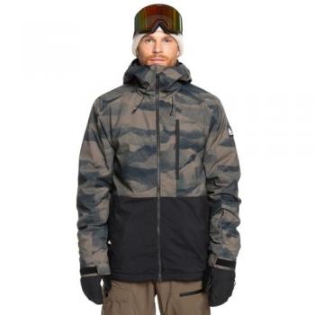 Chaqueta de esquí Quiksilver Mission con capucha, color gris oscuro y negro, talla L, estándar para hombre, diseño impreso Mountain Spray Canteen