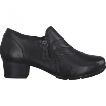 Cómoda Elegante mocasín mujer 84300 de TAMARIS CONFORT en piel negra con ajuste de elásticos y cremallera laterales, plantilla anatómica extraíble, cómodo tacón altura 2,5 cm