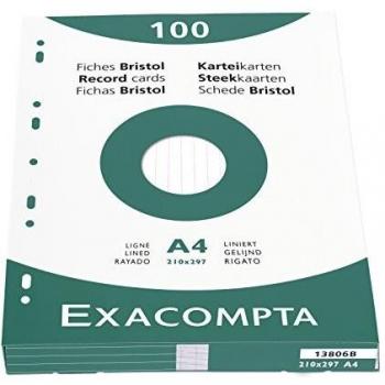 Exacompta Bristol - Tarjeta de registro, Rayado, A4, paquete de 100 tarjetas, Rayado, Blanco, A4, paquete de 100 tarjetas