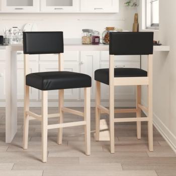 Sillas de barra de madera maciza de 2 piezas con estructura de madera maciza de caucho, asiento tapizado en cuero sintético negro, diseño moderno y elegante, altura ideal para barras y mesas altas
