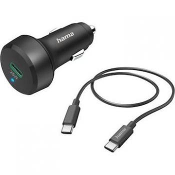 Hama Fast Car Charger with USB-C Cable, PD/QC, 25W, 1m, Black