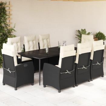 9-Piece Black Poly Rattan Garden Dining Set with Cushions