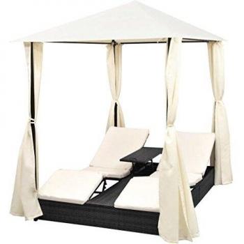 Double Sunbed with Curtains in Black Poly Rattan