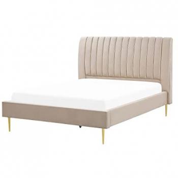 Cama matrimonial en tejido beige con somier de terciopelo beige arena dorado y reposacabezas Marville 140x200 cm
