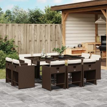 11-Piece Brown Poly Rattan Garden Dining Set with Cushions